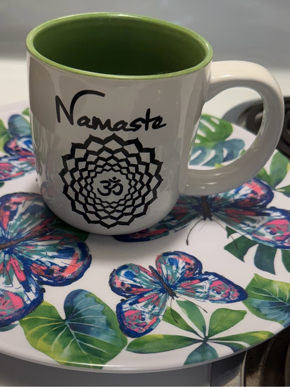 NWOT Namaste 🙏🏻 mug with mandala & Om on both sides. By 10 Strawberry Street.